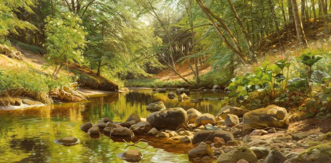 P. Mönsted, Sonniger Waldbach av Peder Monsted