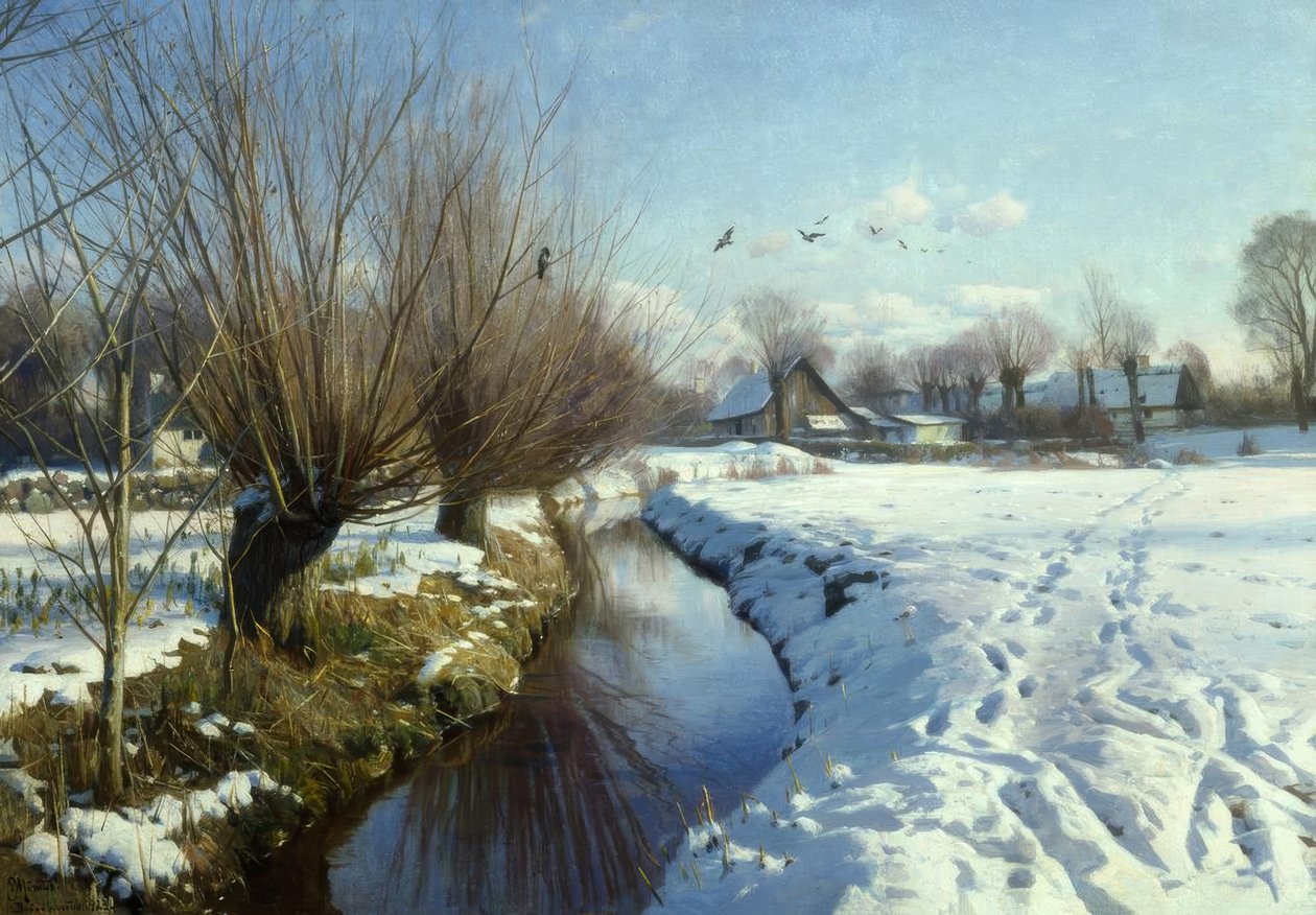 Solrik vinterdag ved bekken av Peder Monsted