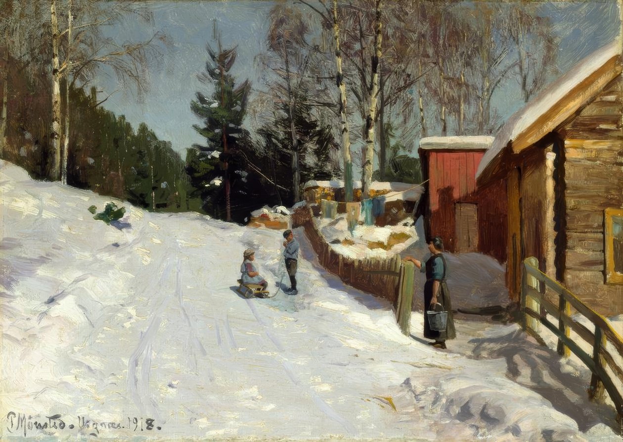Barn som leker på snødekte landsbygate av Peder Monsted