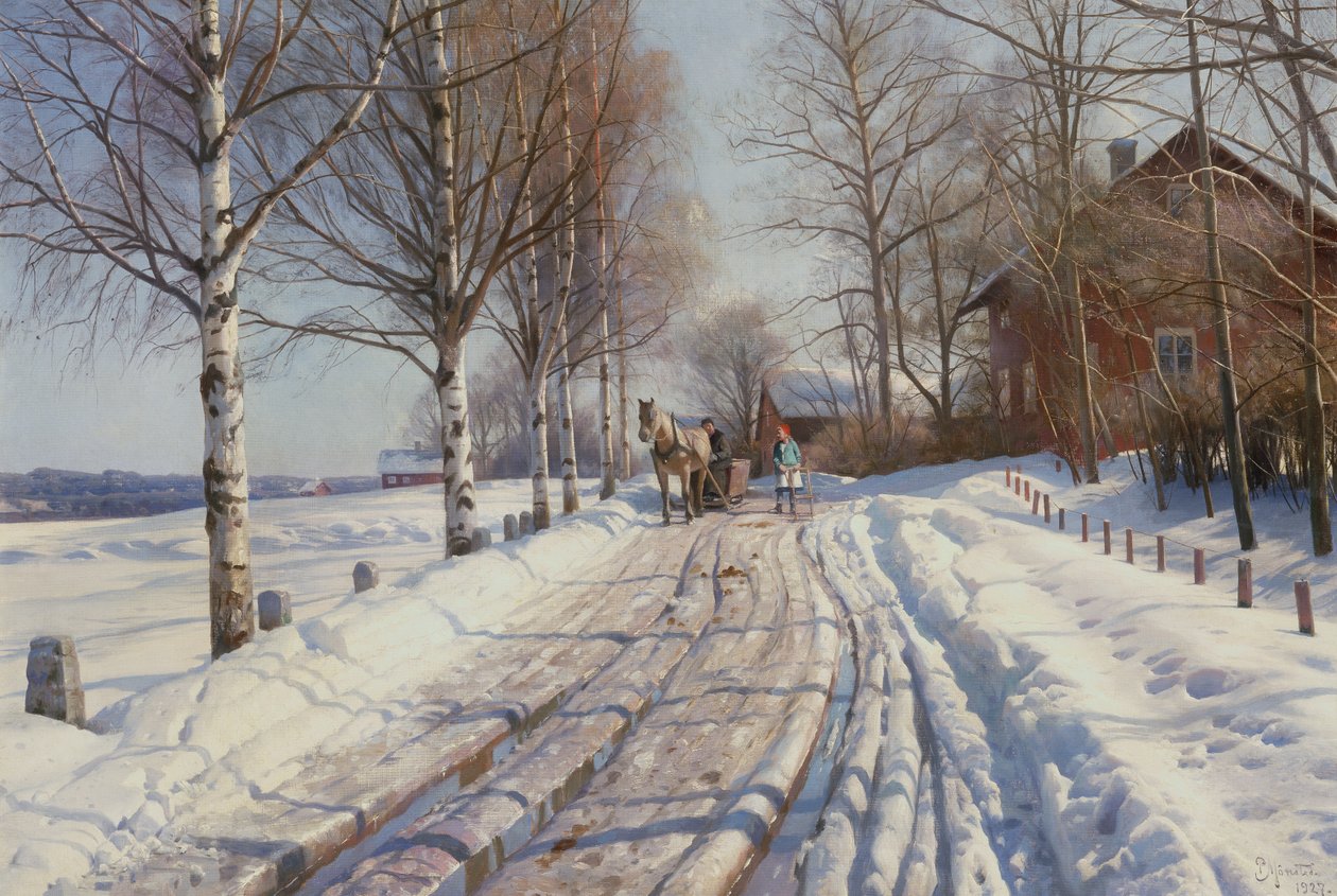 Solrik vinterdag i Vestanvik ved Leksand, Dalarna av Peder Monsted