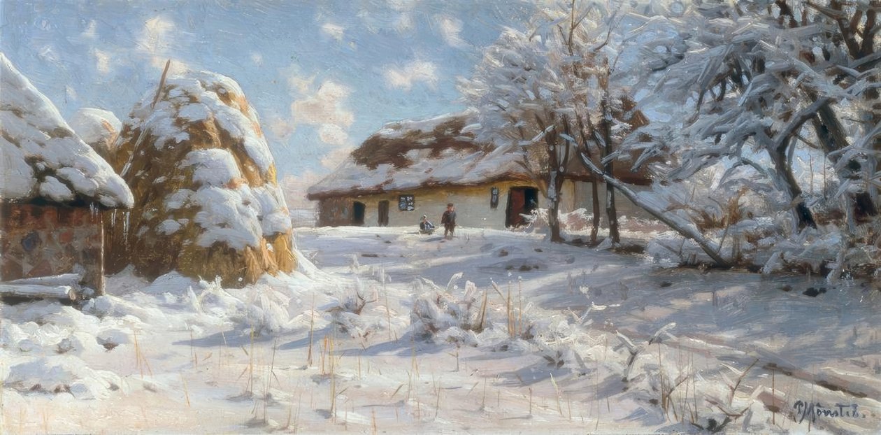 Snødekt landsbylandskap med barneslede av Peder Monsted