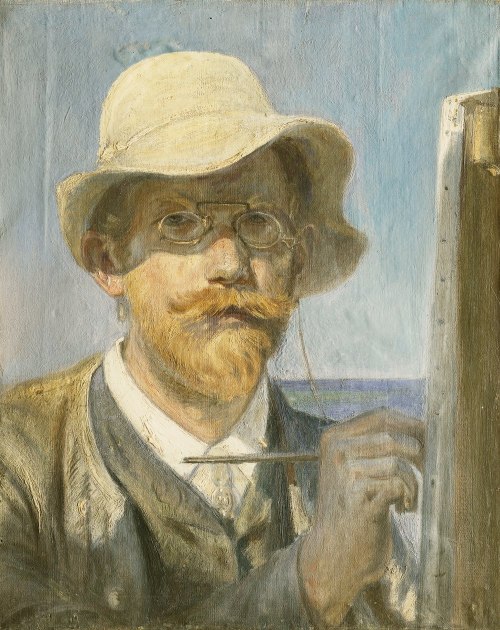 Et selvportrett av kunstneren, hode og skuldre ved staffeli, av Peder Severin Krøyer