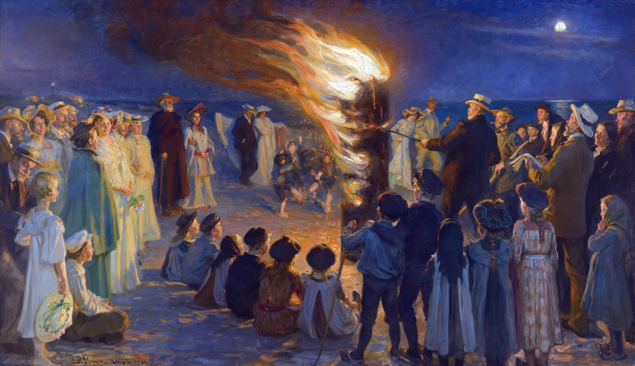 Veillee de Saint Jean sur la plage de Skagen (Danmark) - Midtsommeraftens bål på Skagens strand, av Kroyer, Peder Severin (1851-1909). Olje på lerret. Dimensjon: 149,5x257 cm. Skagens museum av Peder Severin Krøyer