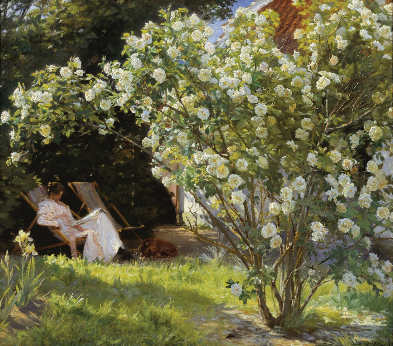 Roser. Marie Krøyer satt i fluktstolen i hagen ved huset til fru Bendsen av Peder Severin Krøyer