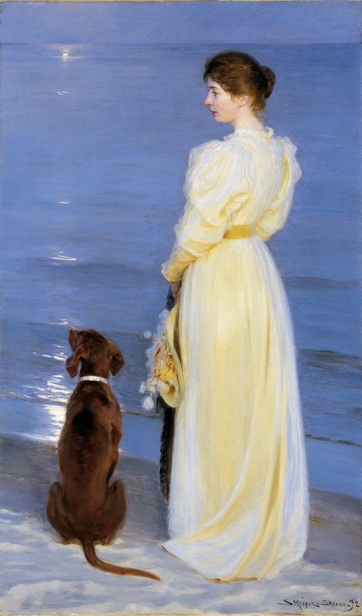 Sommerkveld på Skagen. Kunstnerens kone med hund ved stranden av Peder Severin Krøyer