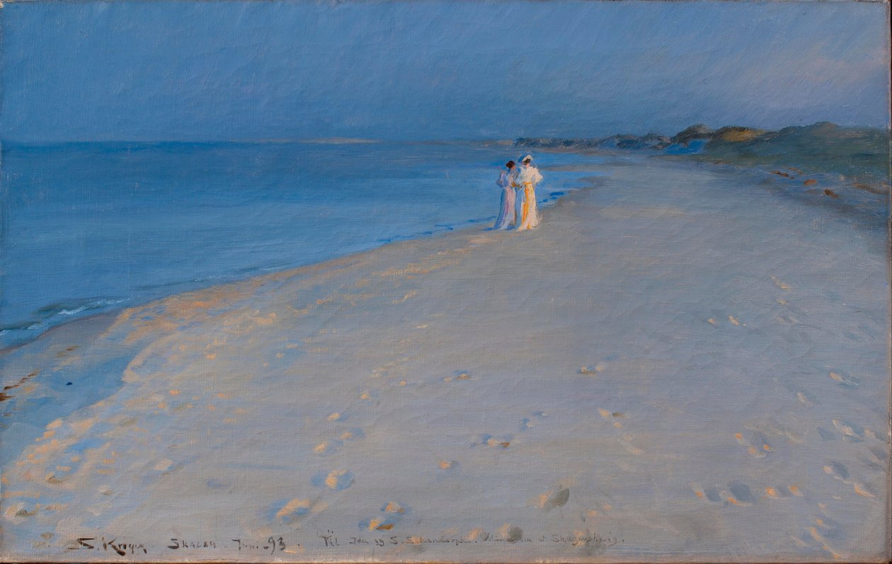 Sommerkveld på Sørstranden, Skagen. Anna Acher og Marie Krøyer av Peder Severin Krøyer