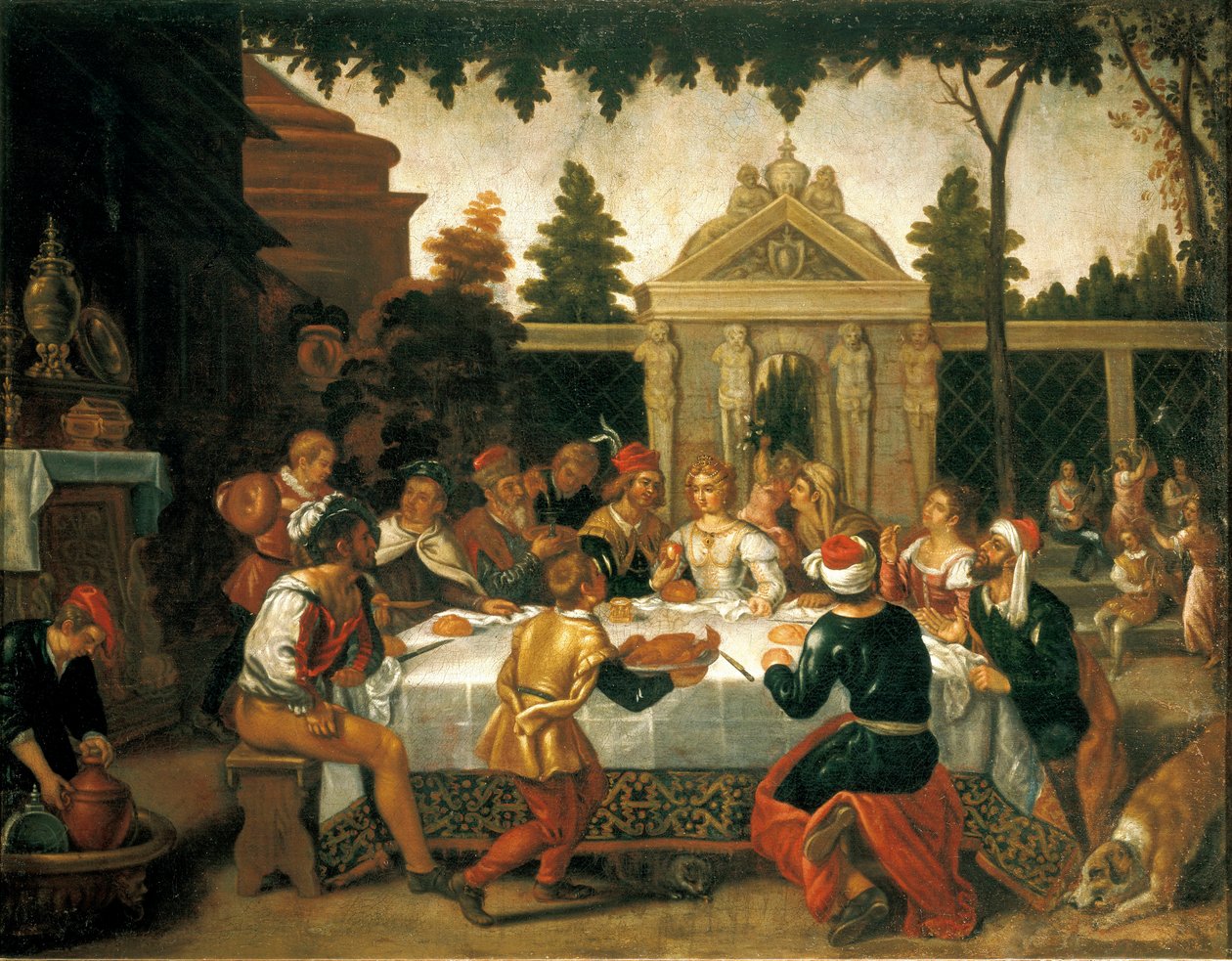 Isaac og Rebeccas bryllupsfest, av en kunstner fra Pedro Orrente-skolen (1580-ca 1645) av Pedro (school of) Orrente