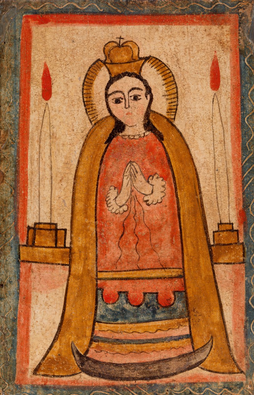 Madonna iført en rød kjole, ca. 1820 (vannbasert maling på trepanel) av Pedro Antonio Frésquis