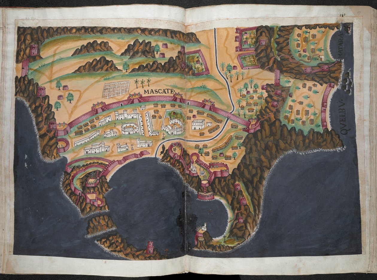 En plan eller utsikt over Mascate [Muscat], ca. 1635 (pigment på papir) av Pedro Barretto de Resende