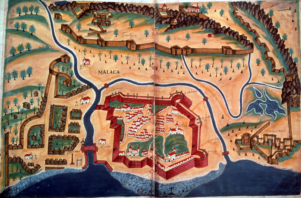 Sloane 197, ff.381v-382r: Plan over byen Malacca, fra 