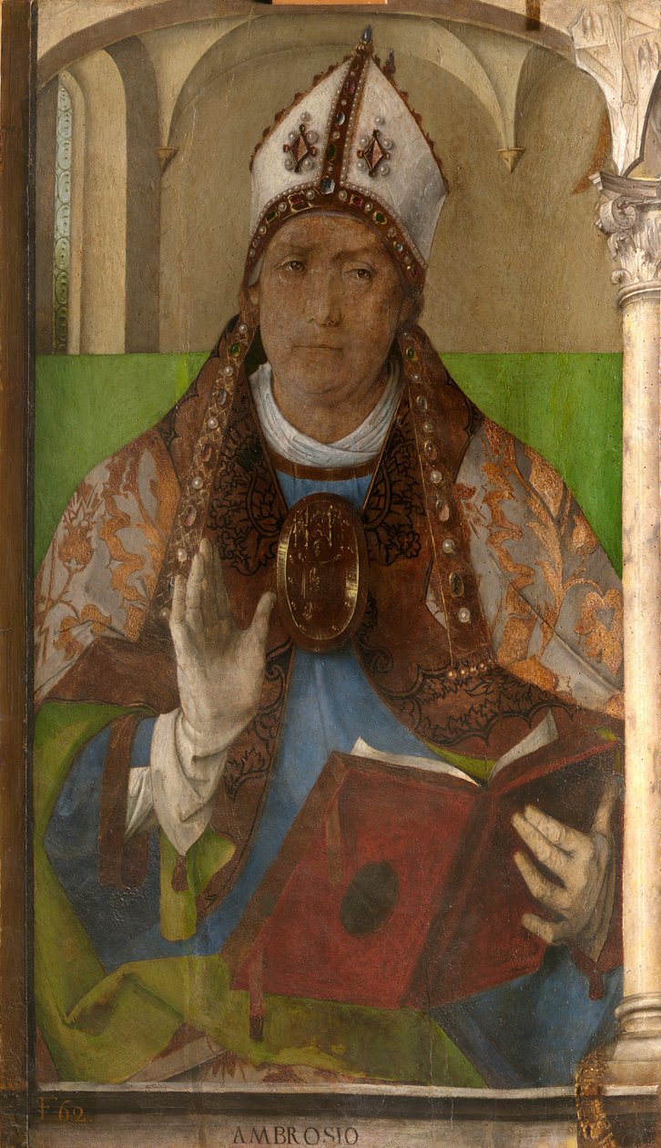 Ambrosius av Milano (ca. 340-397) - Den hellige Ambrosius, erkebiskop av Milano av Berruguete, Pedro (1450-1503). Olje på tre, størrelse: 117x65, ca. 1473-1475, Galleria Nazionale delle Marche, Urbino av Pedro Berruguete
