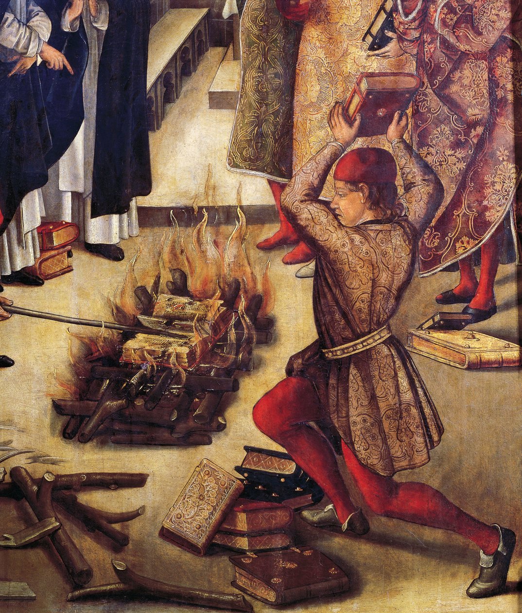 Brenning av kjetterebøker, detalj fra San Domenico og Albigenses, av Pedro Berruguete (ca. 1450 - ca. 1504) av Pedro Berruguete