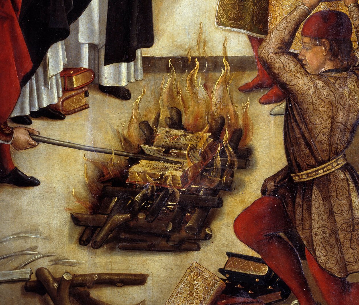 Detalj av "" Saint Dominique et les Albigeois"" (Le Miracle des Fanjeaux): helgenen gir Albigeois boken som tilbakeviser deres kjetteri og Albigeois prøver å brenne den, uten å lykkes. Maleri av Pedro Berruguete (1450-1504). 1500-tallets søn. 1,22 x 0 av Pedro Berruguete
