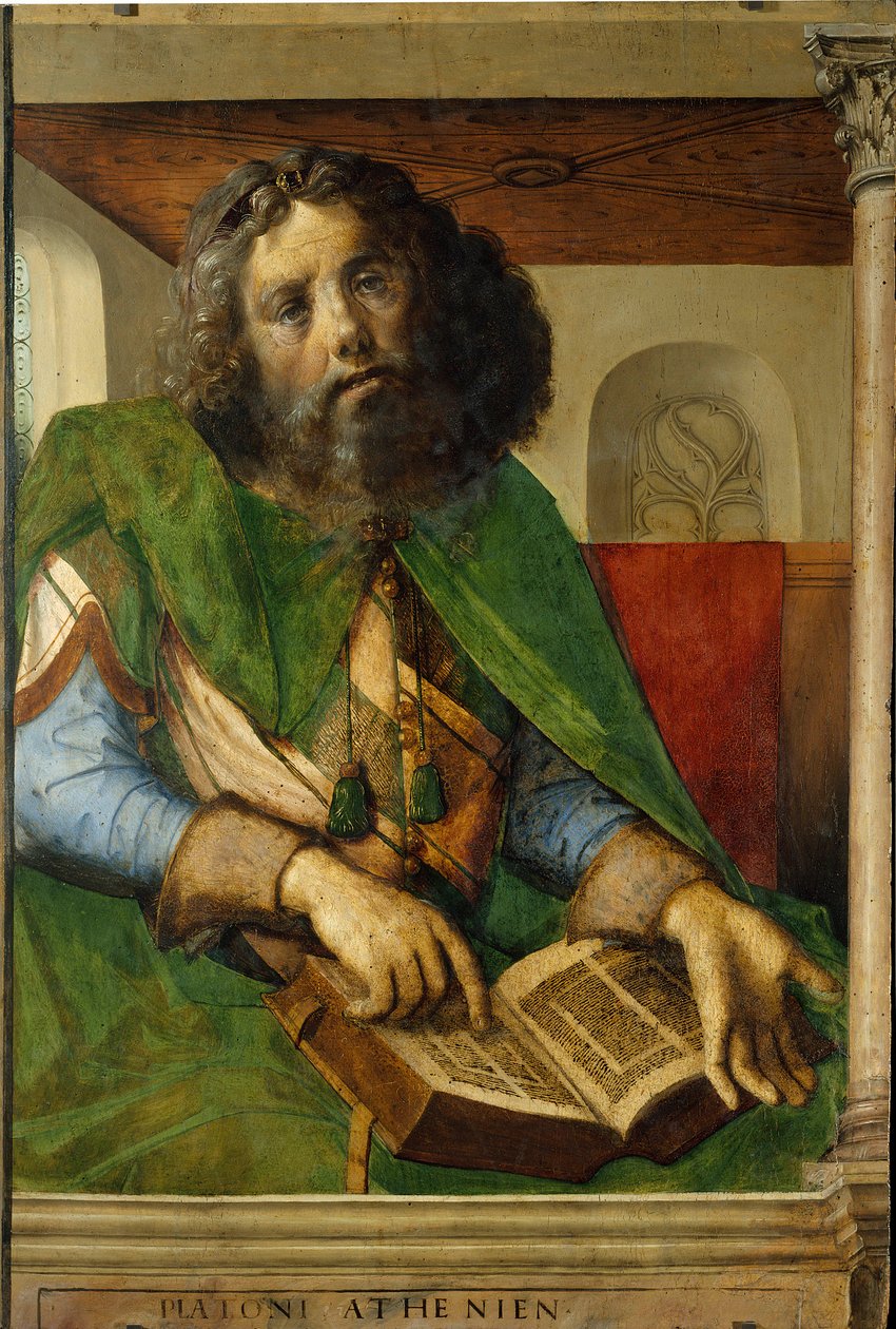 Portrett av Platon (428-348 f.Kr.), filosof i antikkens Hellas. (h s/tre 1,01 x 0,69) maleri av Berruguete Pedro (1450-1504). av Pedro Berruguete