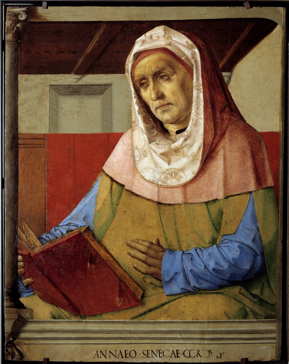 Portrett av Seneque (Lucius Annaeus Seneca, 4 f.Kr.-65 e.Kr. JC), filosof ved den stoiske skolen, dramatiker og en romersk statsmann. Maleri av Pedro Berruguete (rundt 1450-før 1500) og Just From Ghent (1435-1480) Ec. Flam av Pedro Berruguete