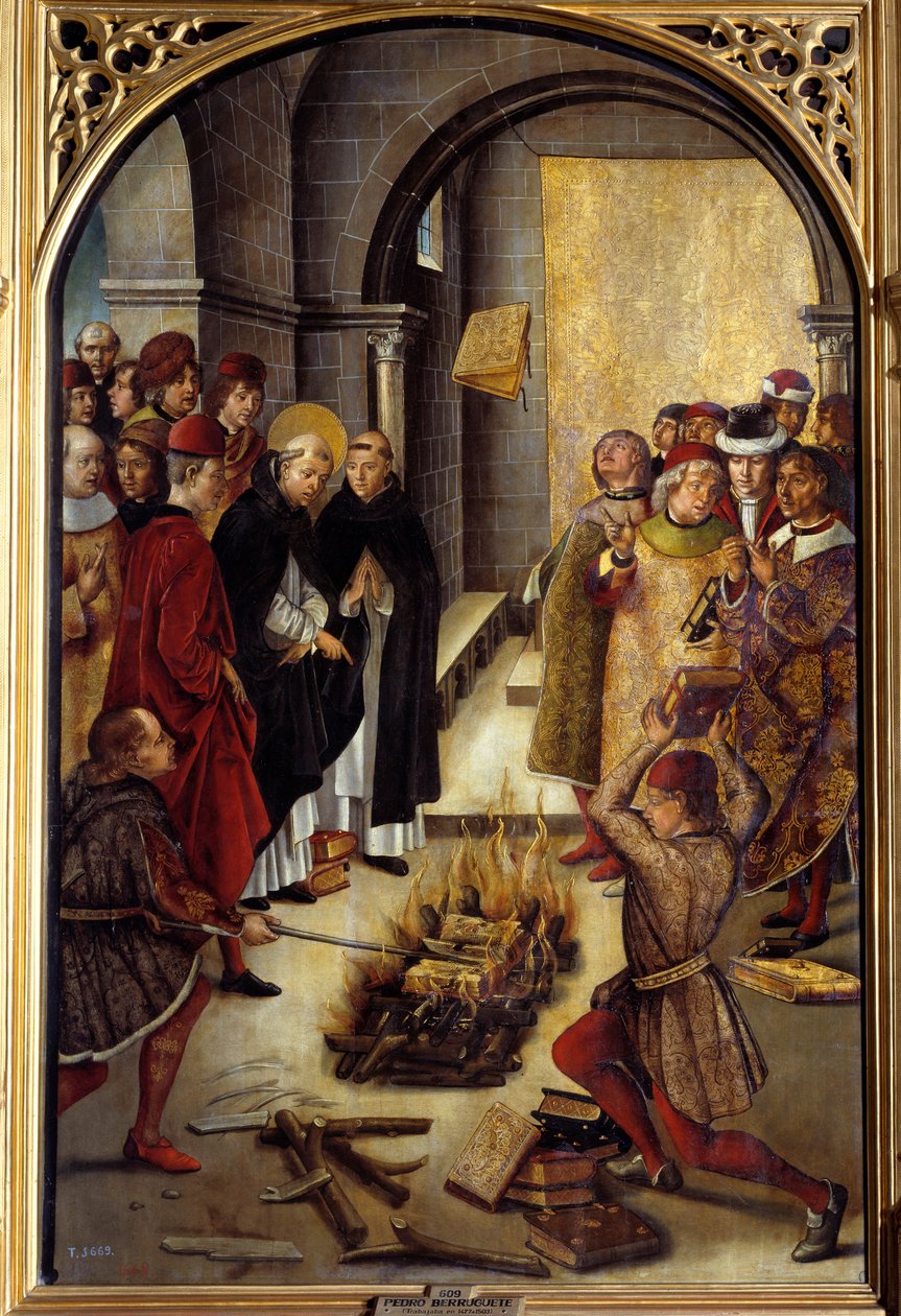 Saint Dominique and the Albigeois (Le Miracle des Fanjeaux): helgenen gir albigeerne boken som tilbakeviser deres kjetteri, og albigeerne prøver å brenne den, uten å lykkes. Maleri av Pedro Berruguete (1450-1504). 1500-tallets søn. 1,22 x 0,83 m Madrid, av Pedro Berruguete