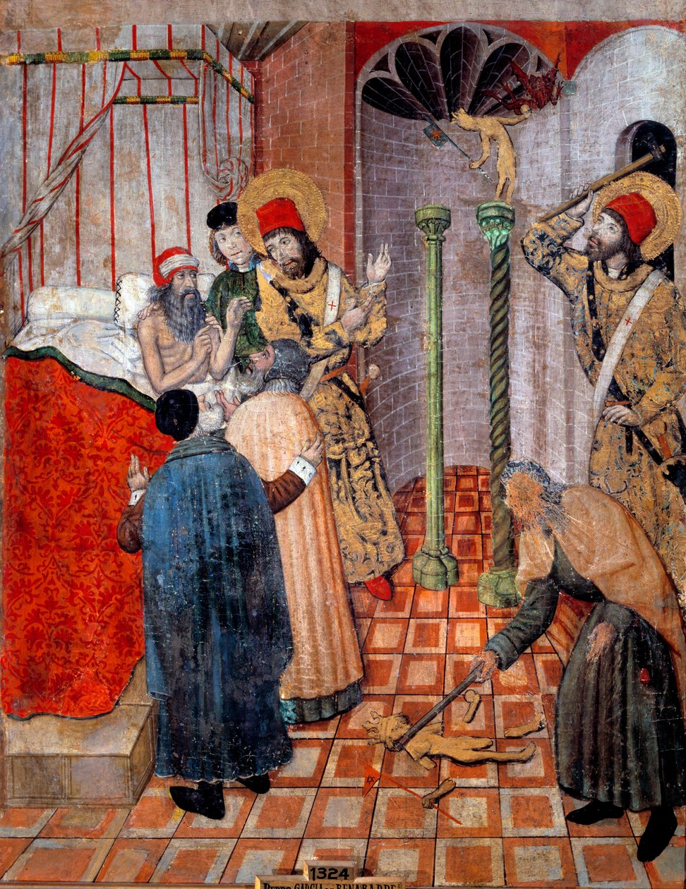 San Sebastian og Saint Polycarp ødelegger idoler. Presten Polycarp og Sebastian ved Prefet of Roma (Chromace) som ba dem advare ham. Sebastien ba ham om å gi fra seg idolene sine først og gi ham tillatelse til å bryte dem. Maleri av Pedro Garcia av Pedro García de Benabarre