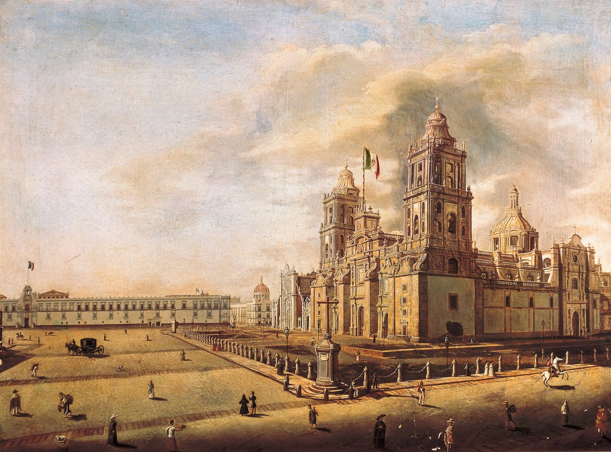 ""The Metropolitan Cathedral and the National Palace in Mexico City"" Maleri av Pedro Gualdi (1809-1857) rundt 1840 National Museum of History Mexico City, Mexico av Pedro Gualdi