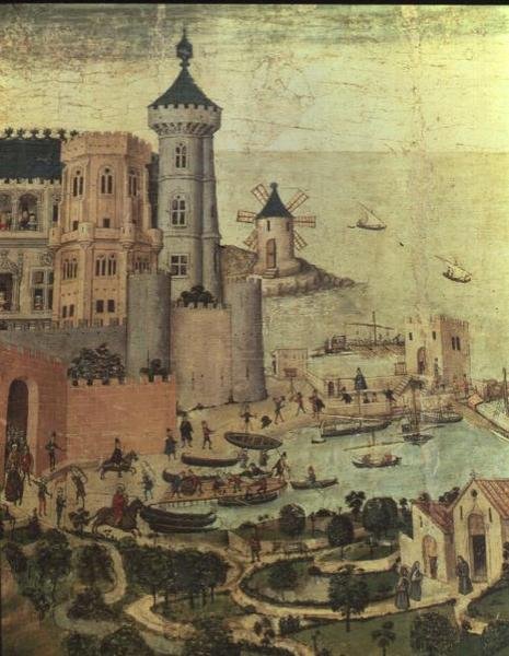 Mallorca havn med Almudaine-tårnene, under erobringen av byen av James I (detalj) av Pedro Nisart