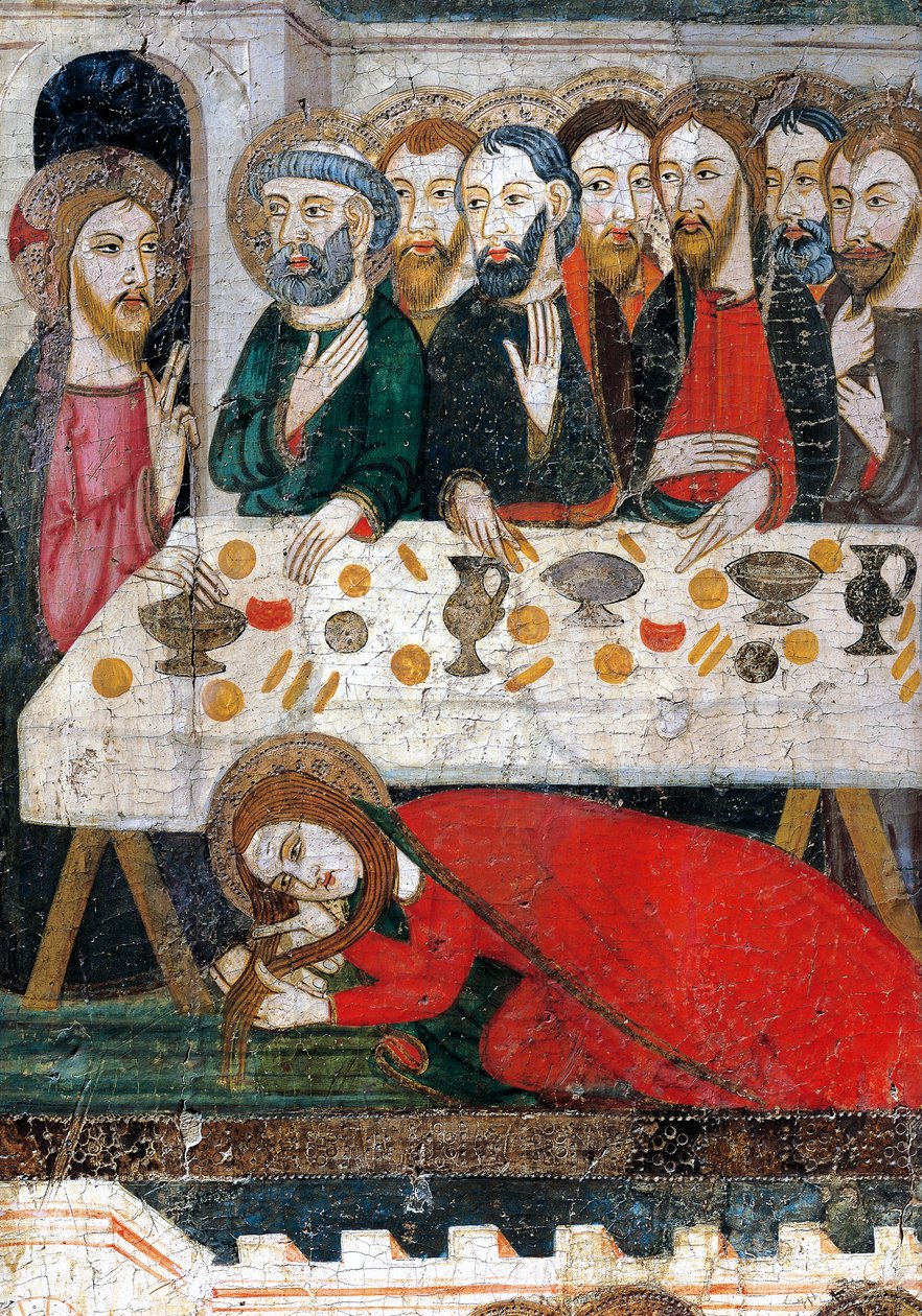 Maria Magdalena vasker Kristi føtter med håret, av Pedro Serra eller Pere Serra (aktiv mellom 1363 og 1399), og maler på tre. av Pedro Serra