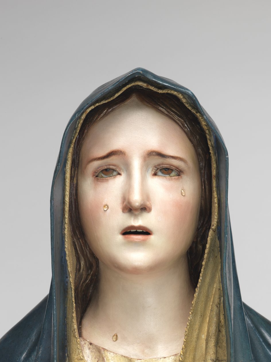 Virgin of Sorrows Mater Dolorosa (polykromt tre, glass og dyrehår) av Pedro de Mena