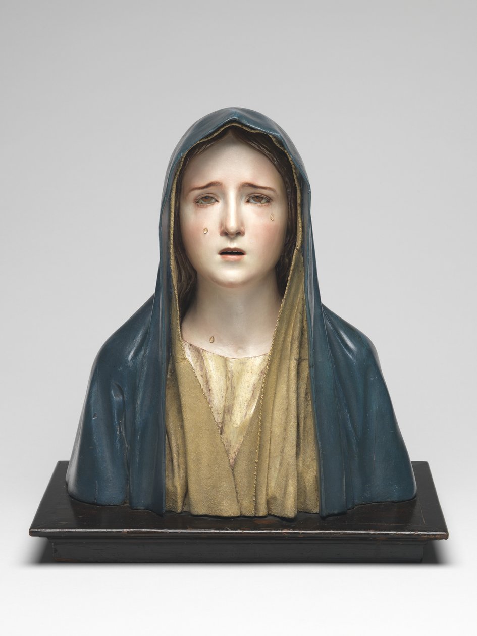 Virgin of Sorrows Mater Dolorosa (polykromt tre, glass og dyrehår) av Pedro de Mena