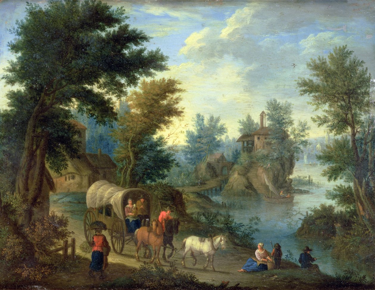 Et skogkledd elvelandskap med reisende (olje på kobber) av Peeter van Bredael