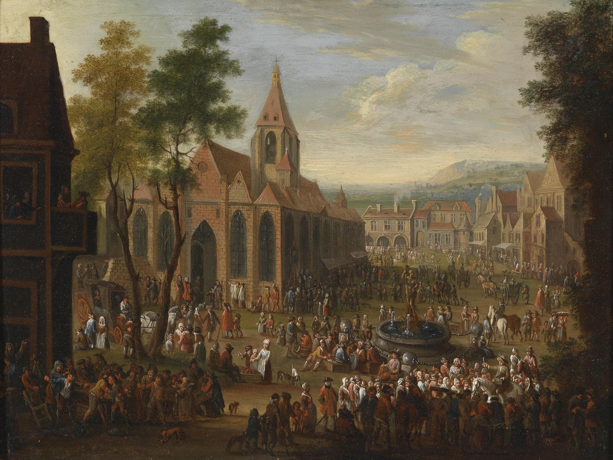 En festival på et urbane torg med mange figurer av Peeter van Bredael
