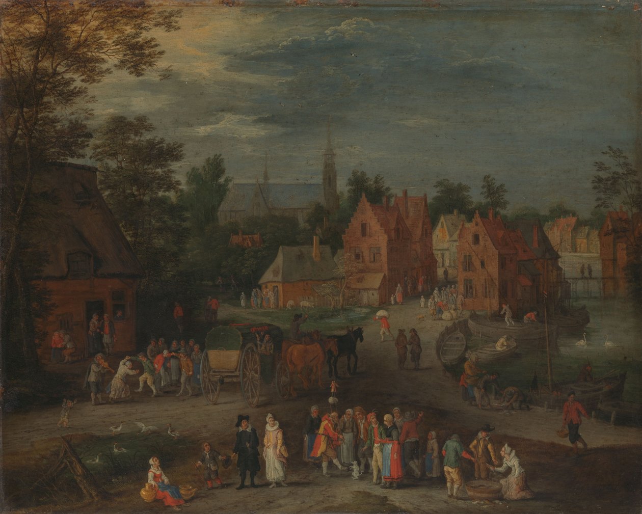 Landsby med en dukkefører som underholder en liten folkemengde av Peeter (1621-91) Gijsels