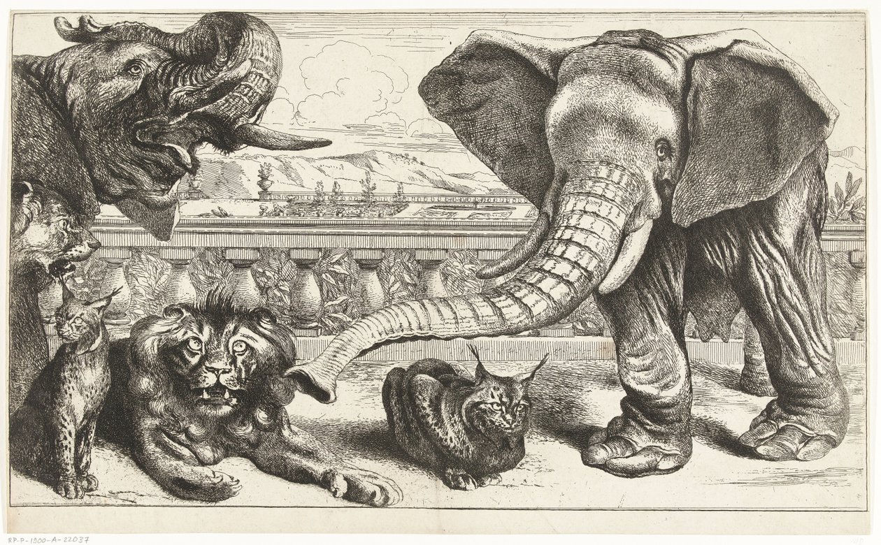 Elefanter, løver og gauper i hagene til Versailles av Peeter Boel (attributed to)