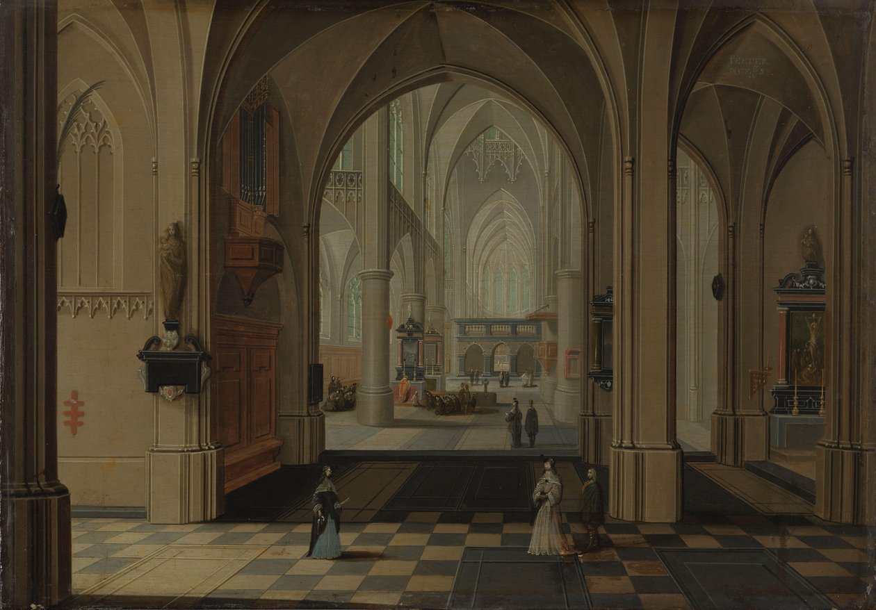 Interiør i en imaginær gotisk kirke, med utsikt mot øst av Peeter Neeffs (I)