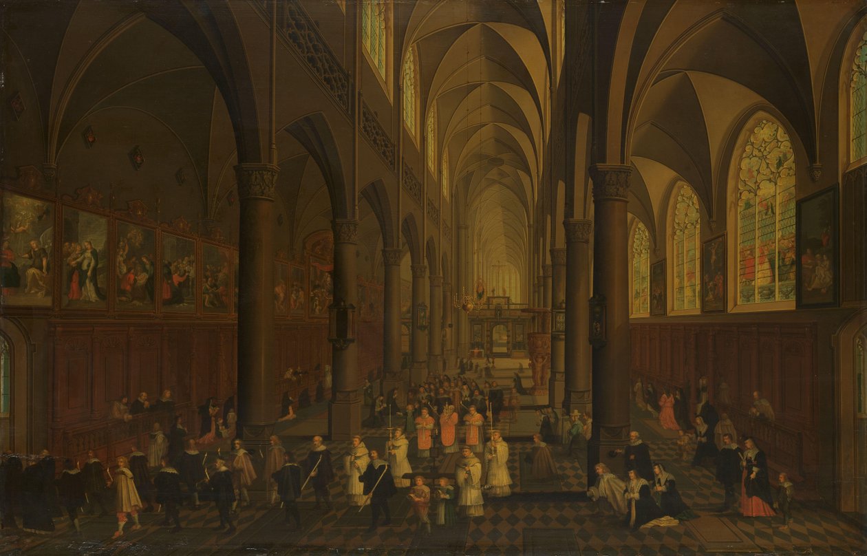 Interiøret i den dominikanske kirken, Antwerpen, med utsikt mot øst, med prosesjonen av det hellige sakrament av Peeter Neeffs (I)
