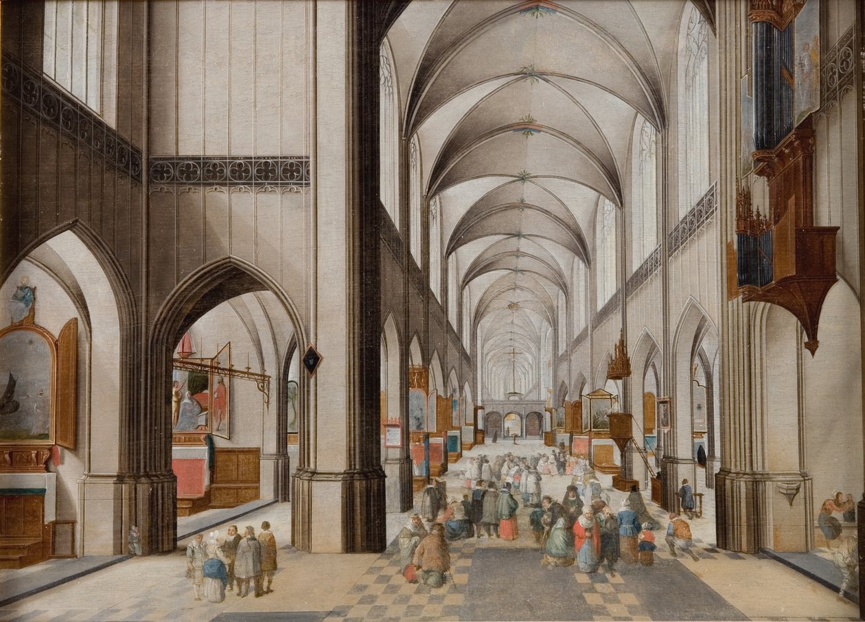 Interiør i en treskipet gotisk kirke under en preken av Peeter Neeffs d.Æ.