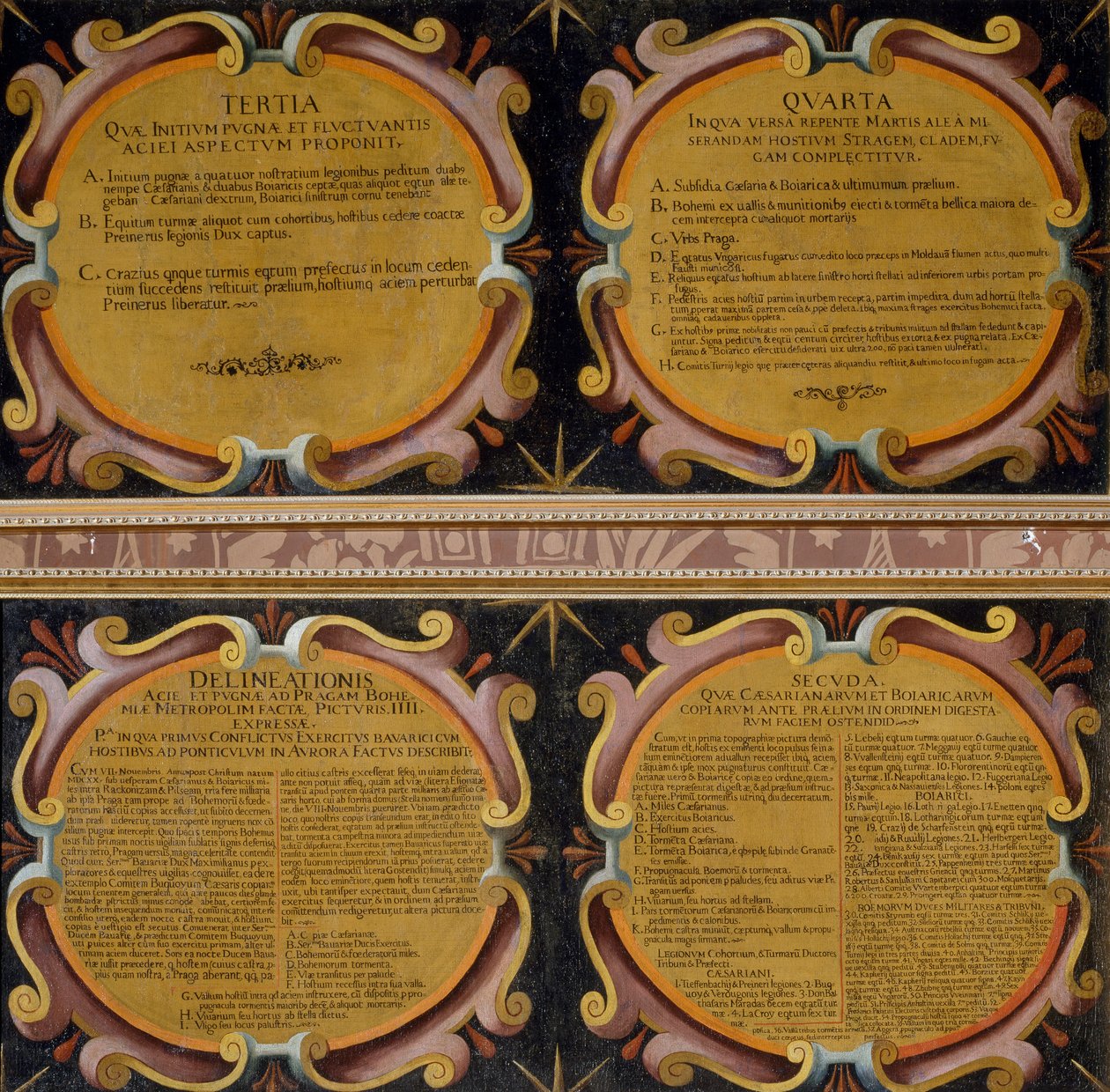 Bildetekster fra fire malerier av Battle of White Mountain utkjempet, 7.–8. november 1620, Pieter Snayers (1592–1667) bevart i Santa Maria della Vittoria, Roma av Peeter Snayers