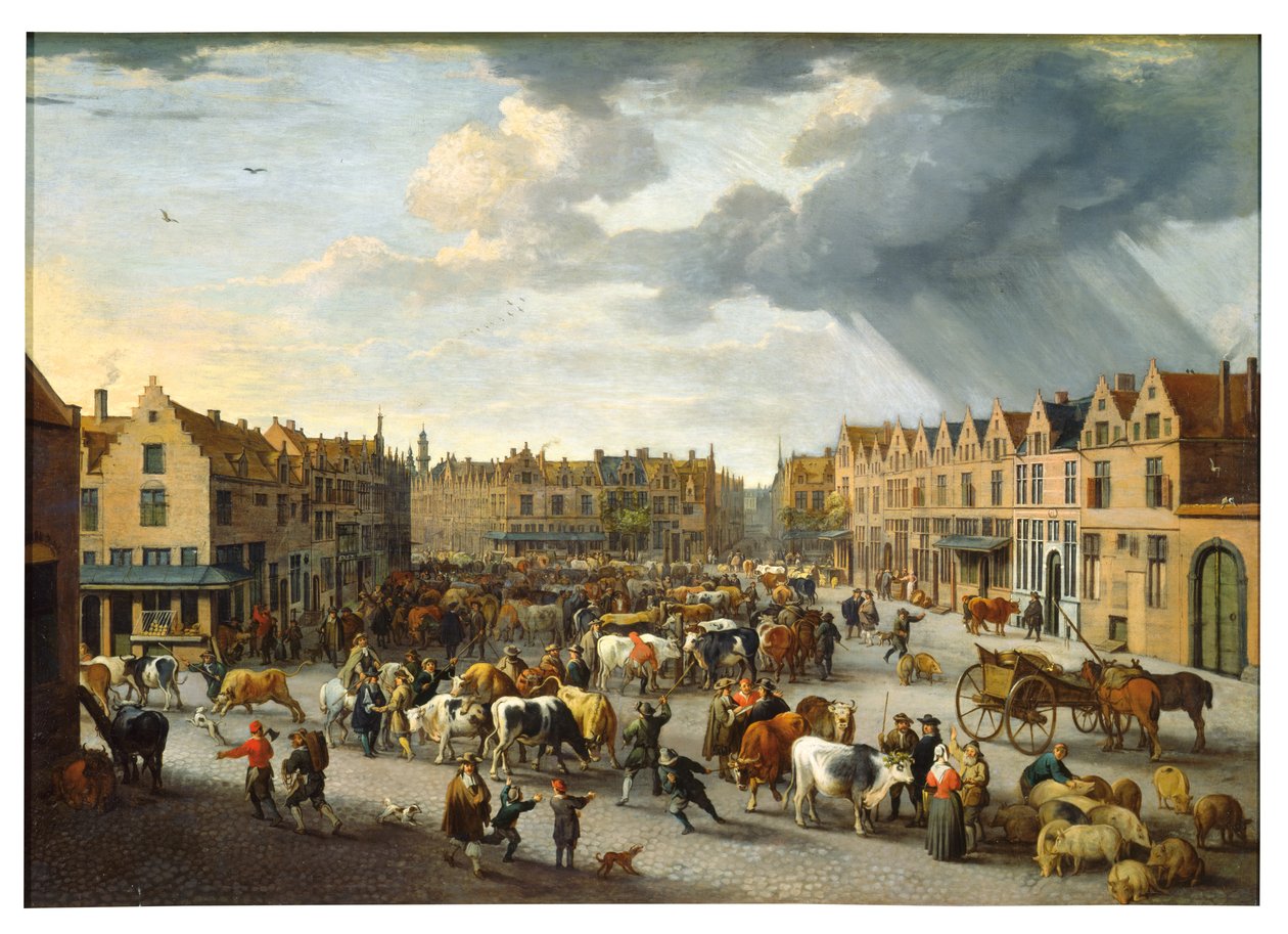 Det gamle oksemarkedet i Antwerpen (olje på lerret) av Peeter van Bredael