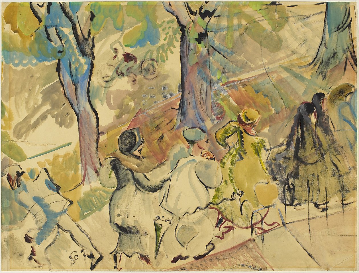 Jarvis Street Sidewalk, ca. 1936 (akvarell, gouache og olje på papir) av Pegi Nicol Macleod