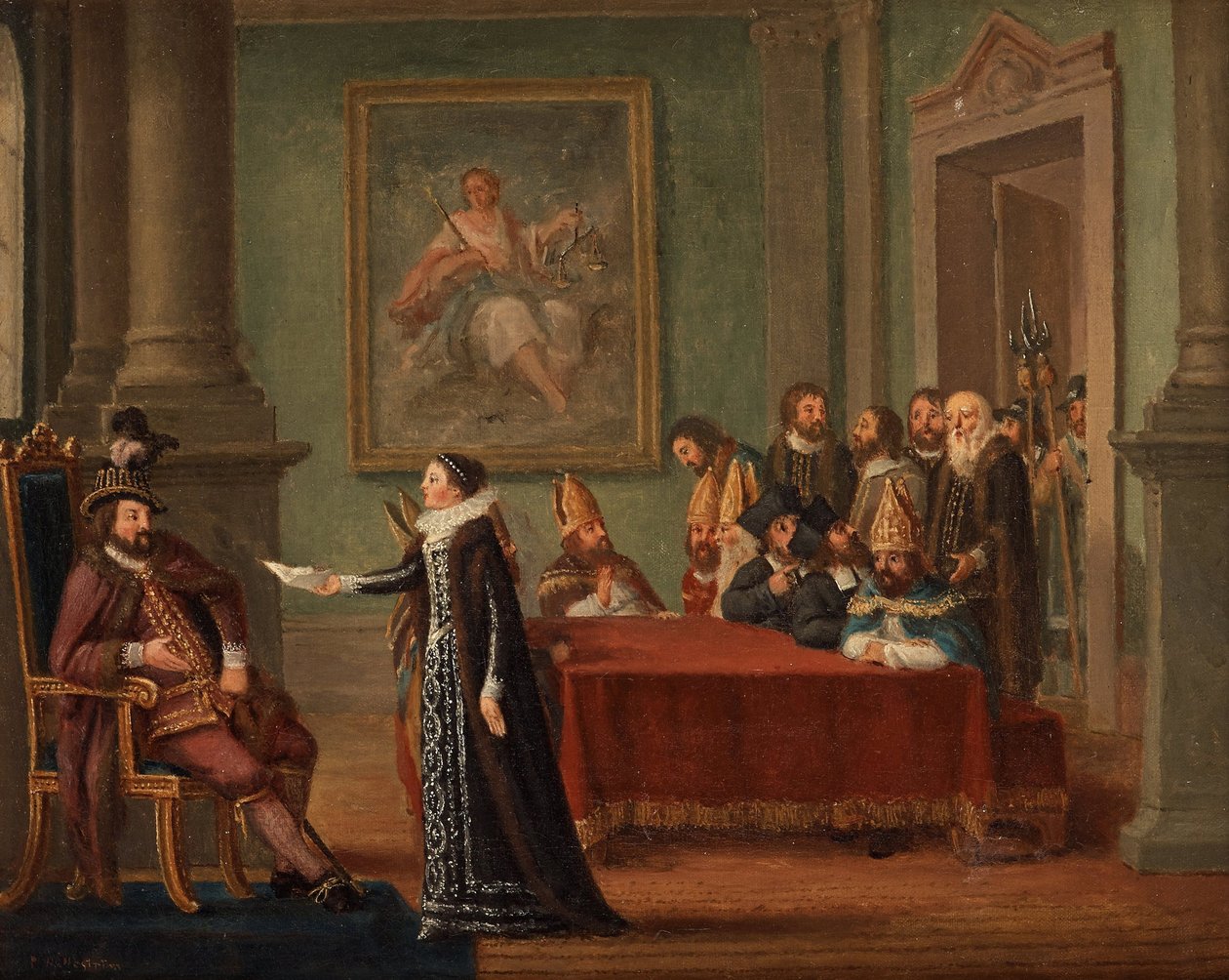 Christine Gyllenstierna (1494-1559) med brevet om sikker oppførsel, før kong Christian II av Danmark (1481-1559) - Christina Gyllenstierna med brevet om sikker oppførsel før Christian II av Hillestroem, Pehr (1732-1816). Olje på lerret, størrelse: 42 av Pehr Hilleström