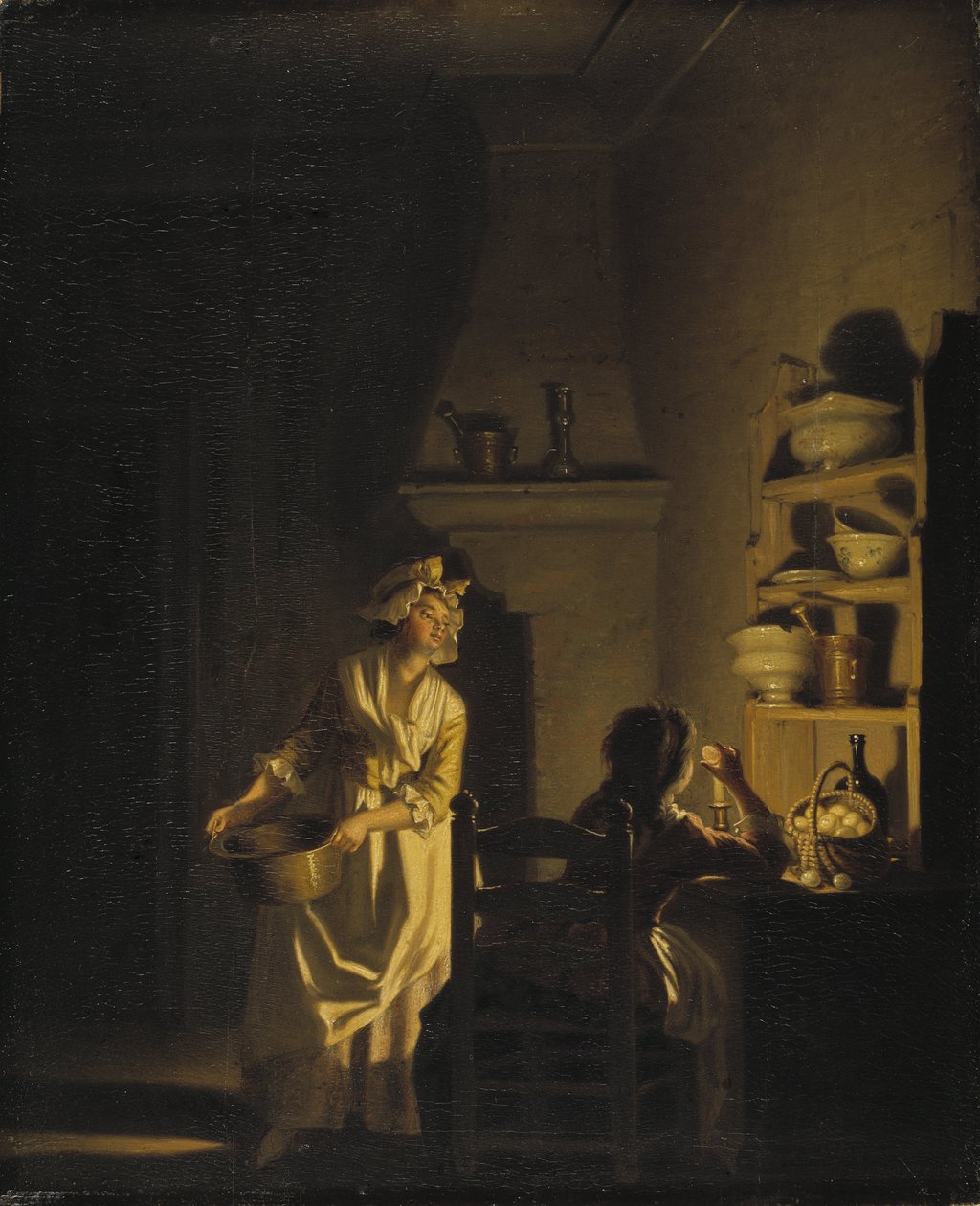 Le test des oeufs, interiør de cuisine - Testing av egg. Interiør i et kjøkken, av Hillestrom, Pehr (1732-1816). Olje på tre. Mål: 39x32 cm. Nationalmuseum Stockholm av Pehr Hilleström