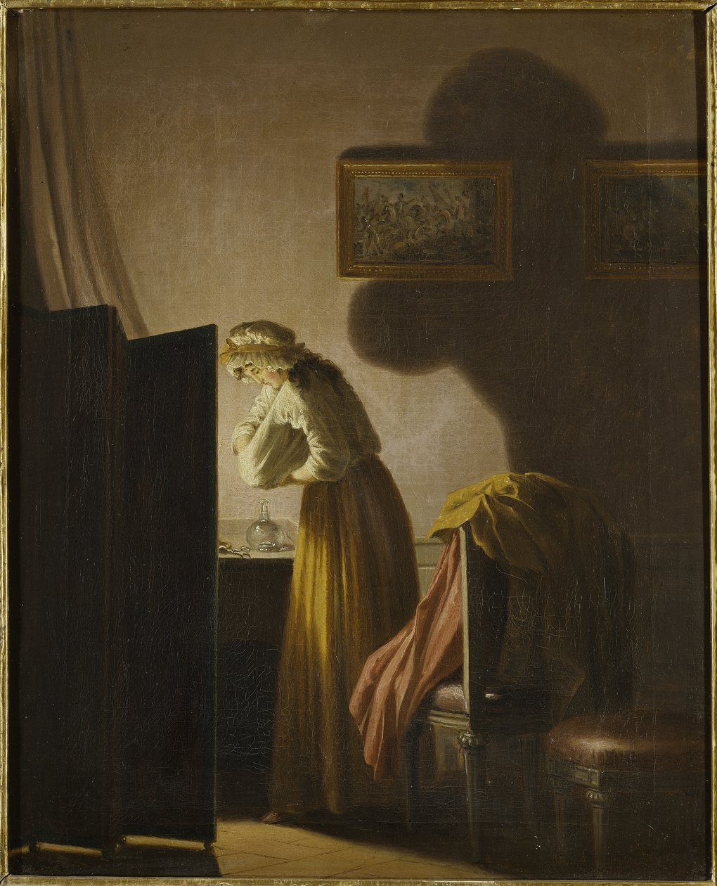 Une femme attrapant des puces a la lumiere de la bougie - A Woman Catching Fleas by Candlelight, av Hillestrom, Pehr (1732-1816). Olje på lerret. Mål: 51,5x42,5 cm. Nationalmuseum Stockholm av Pehr Hilleström