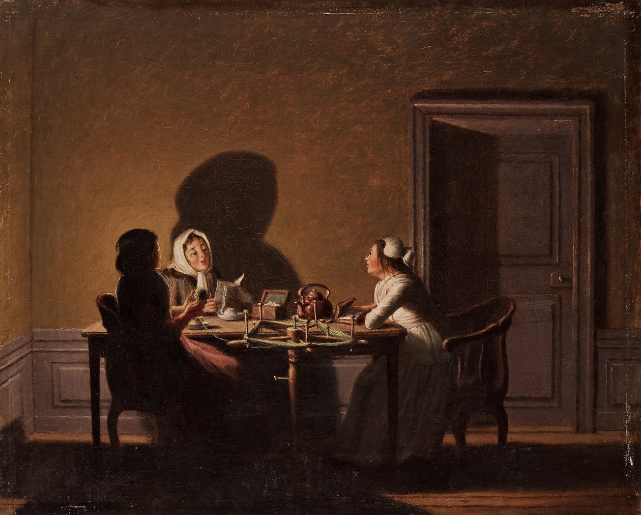 Lesing ved levende lys, par Hillestroem, Pehr (1732-1816). Olje på lerret, størrelse: 41,5x51,5, , Privat samling av Pehr Hilleström