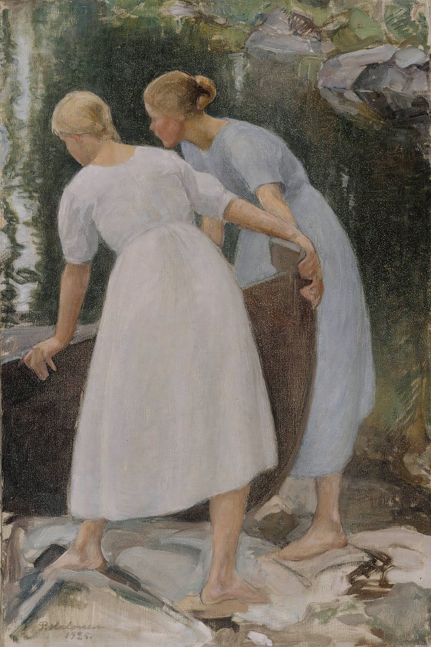 Jenter som skyver en båt, 1925. av Pekka Halonen