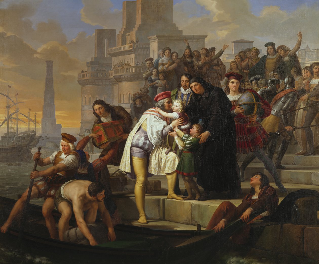 Christopher Columbus omfavner sine to sønner og anbefaler dem til far Giovanni Perez før han forlater Palos på reisen for å oppdage Amerika av Pelagio Palagi