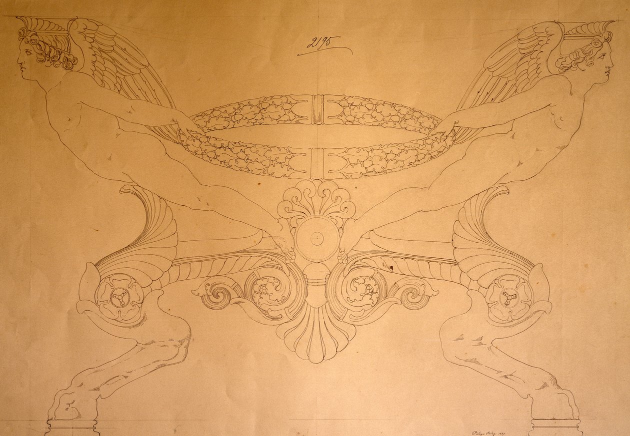 Tegning av hovformet krakk med ben, ca. 1837 (tegning) av Pelagio Palagi