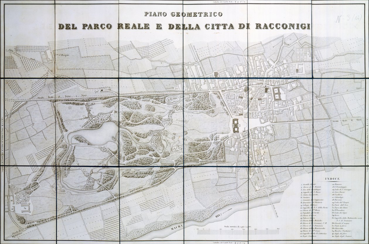Plan for Park Royal og byen Racconigi av Pelagio Palagi