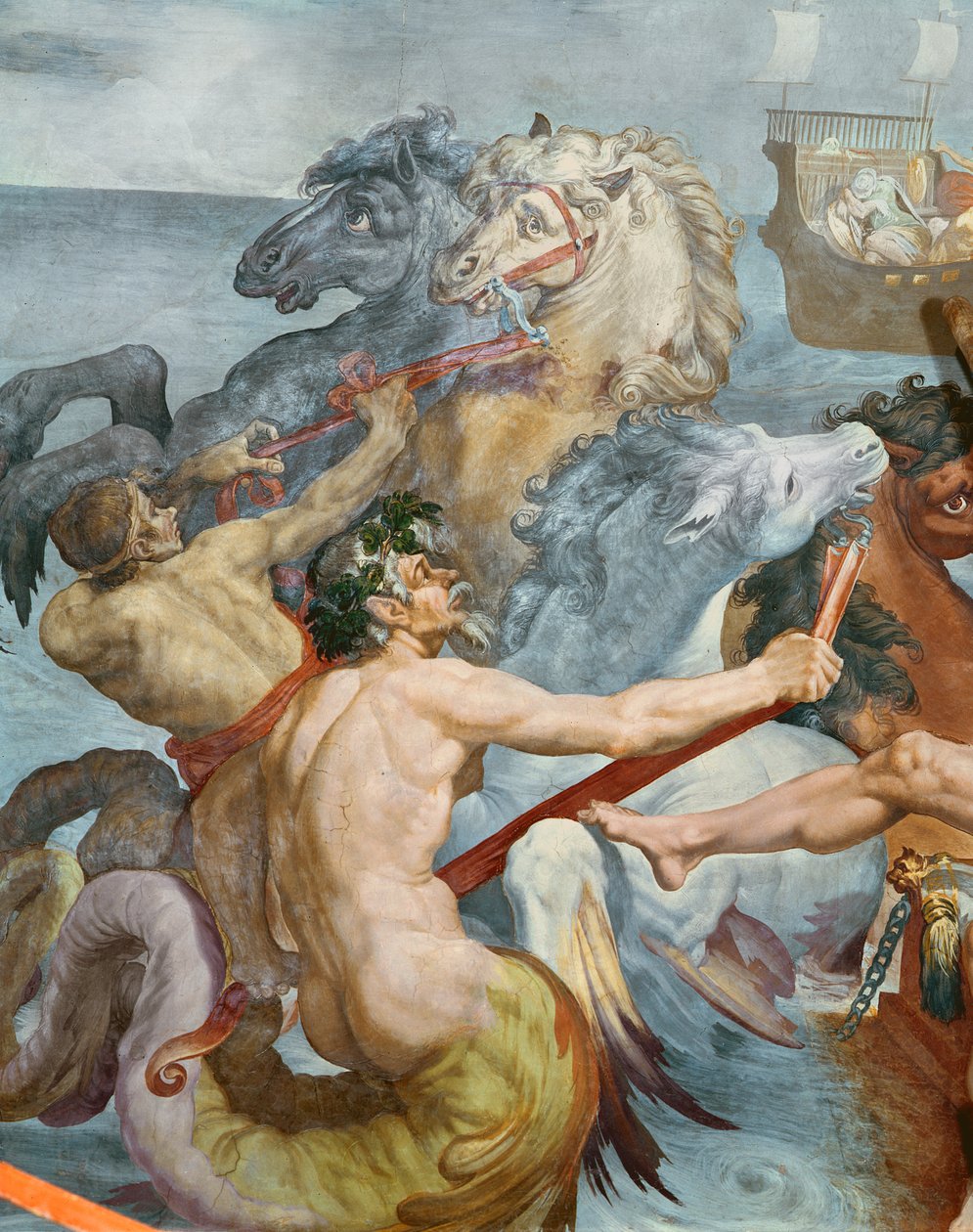 Odysseen, detalj av Tritons og hestene fra Neptunes vogn, 1554-56 av Pellegrino Tibaldi