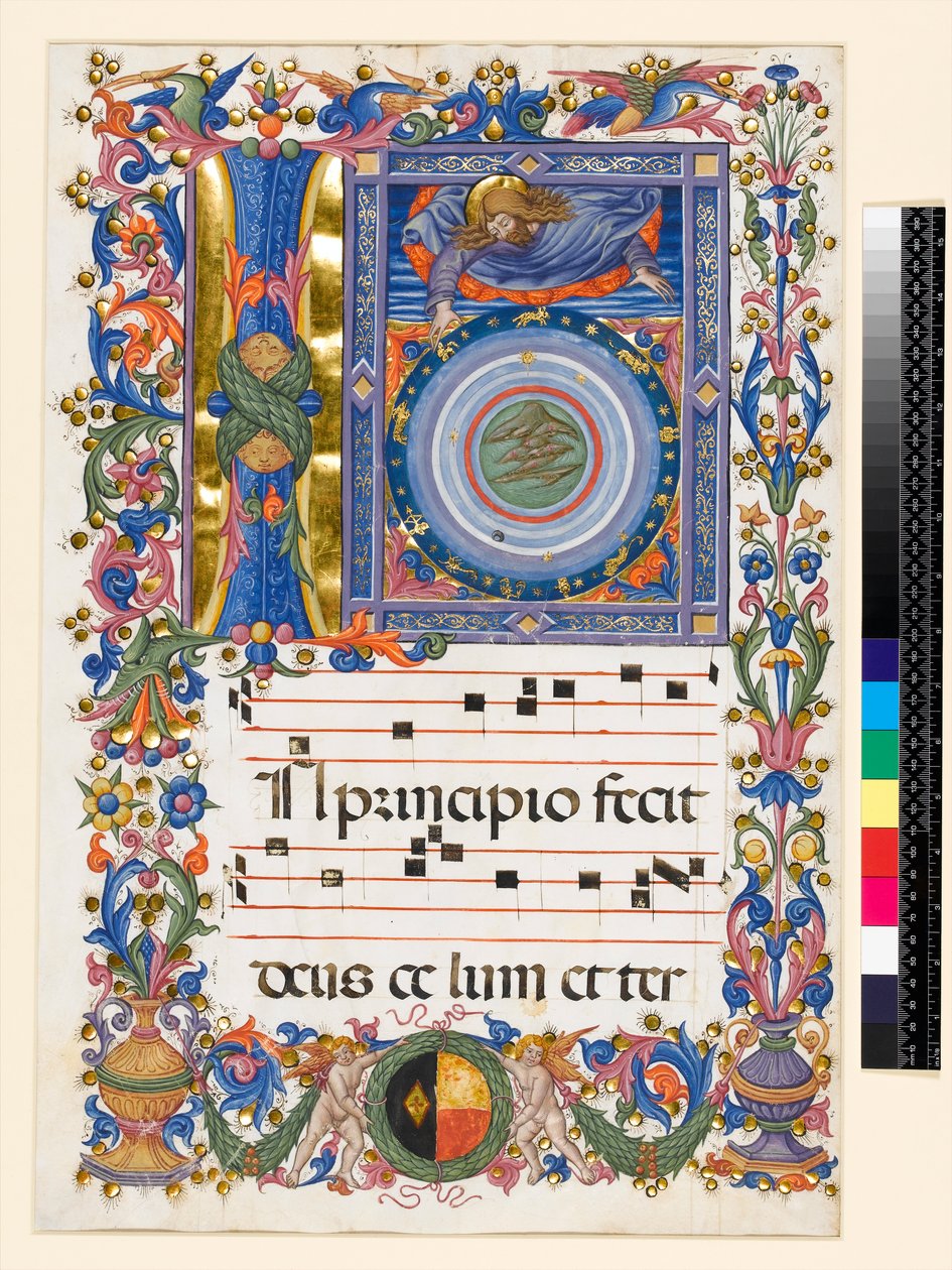 Historikert initial I, som viser skapelsen, ca. 1470 av Pellegrino di Mariano attr.to Pellegrino di Mariano attr.to