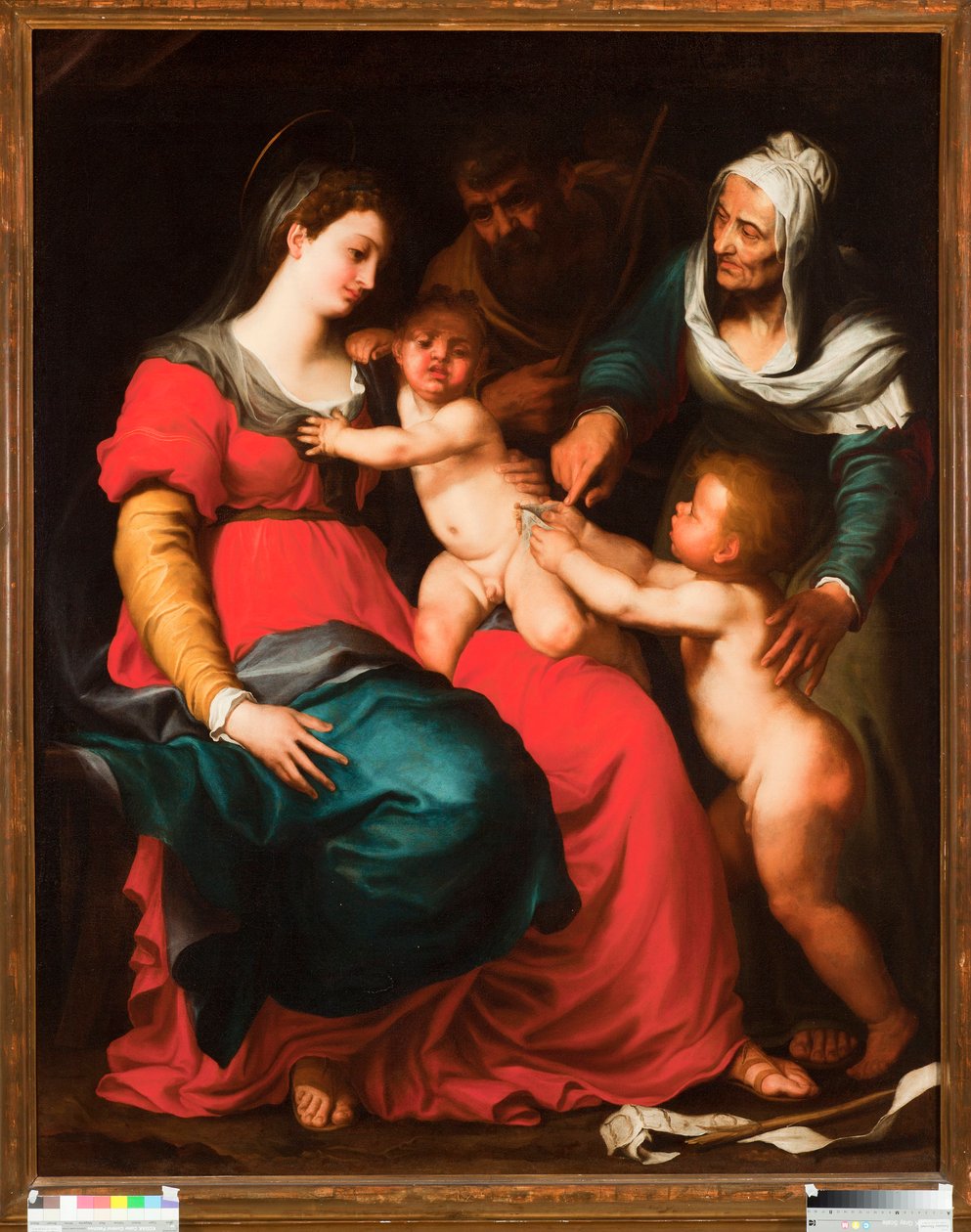 Den hellige familie med sommerfuglen og med den hellige Elisabeth og døperen Johannes Maleri av Pellegro Piola (1617-1640) av Pellegrino Piola