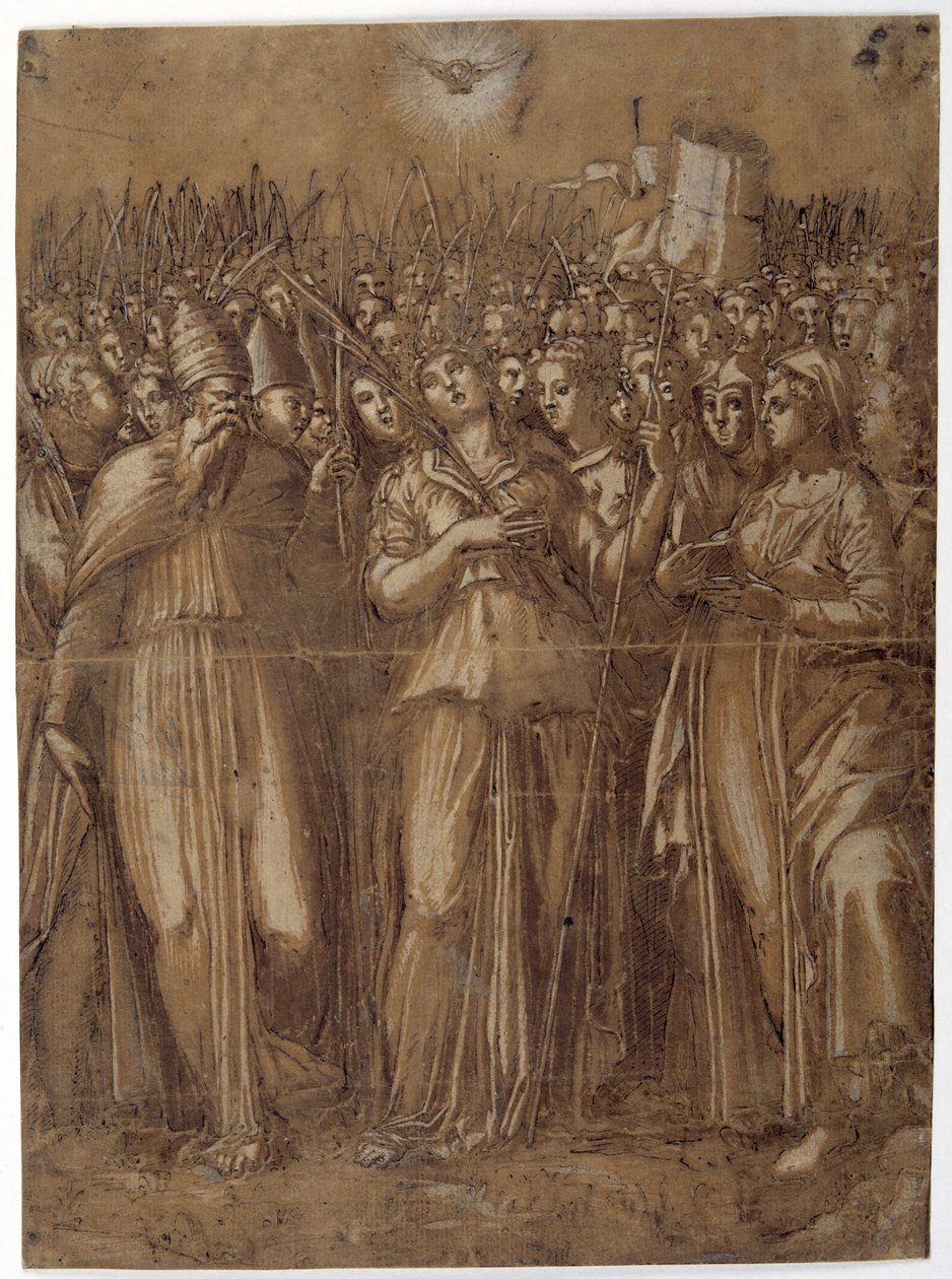 St Ursula med de martyrdøde jomfruene (penn og brunt blekk forsterket med hvit kroppsfarge på papir vasket brunt) av Pellegrino (c.1460 1523) Aretusi