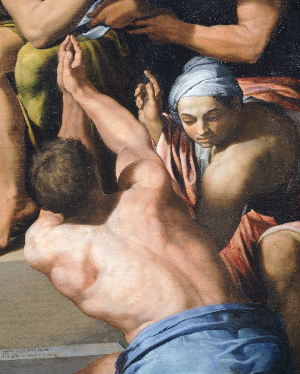 Mann med overkroppen naken, detalj fra Adoration of the Child av Pellegrino Tibaldi
