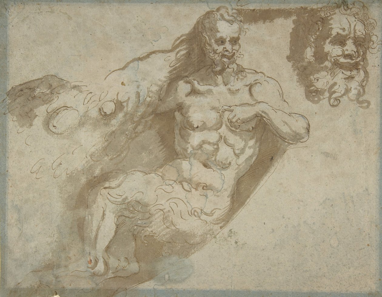 Sittende satyr, med forstørret hode av samme rekto, hode til en kvinne verso, 1527-96. av Pellegrino Tibaldi